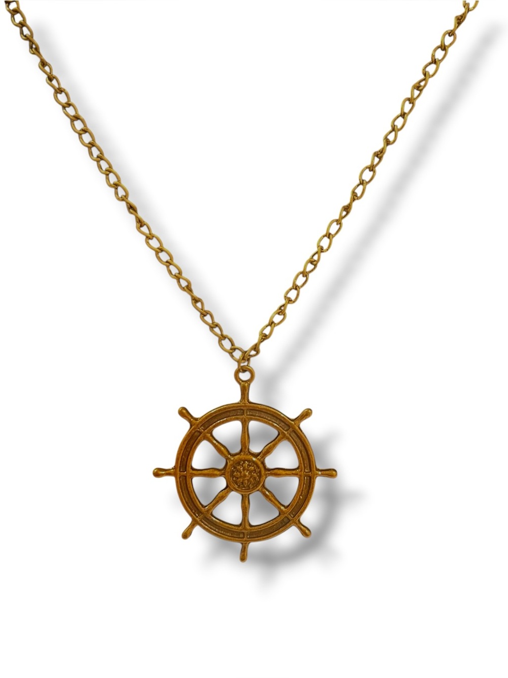Nautical Ship Wheel Pendant Necklace Antique Gold Tones 30” Boat Ocean D9